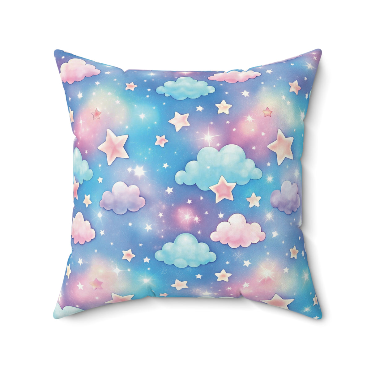 Pastel Dreamscape Clouds & Stars Faux Suede Square Pillow | Whimsical Nursery Accent Cushion