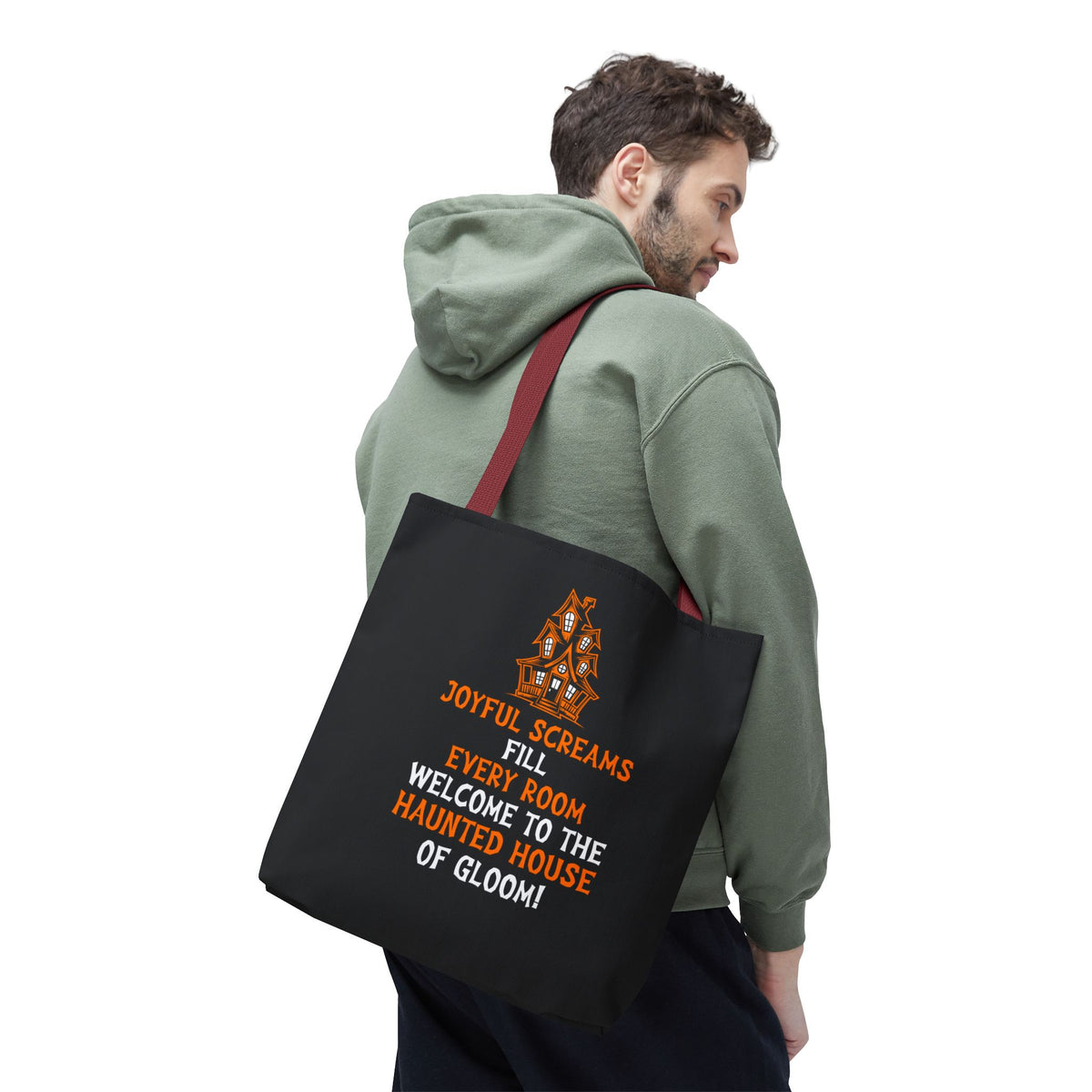 Halloween Haunted House Tote Bag — "Joyful Screams" Trick-or-Treat Reusable Shopper