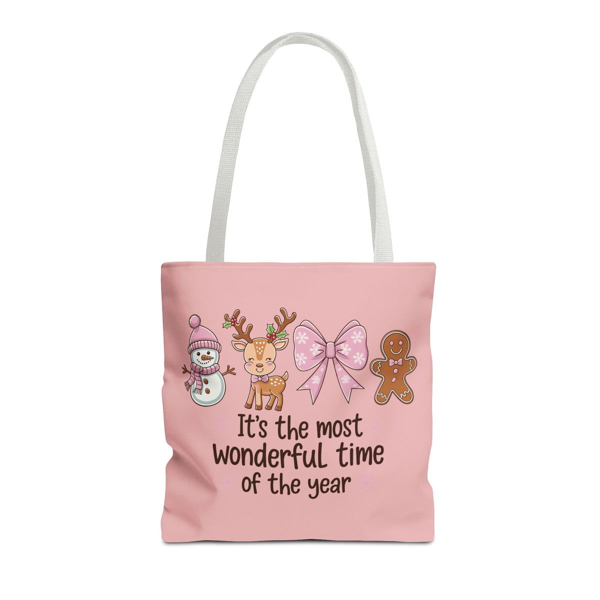"It's The Most Wonderful Time Of The Year" Pink Holiday Icons Polyester Tote Bag