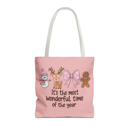 "It's The Most Wonderful Time Of The Year" Pink Holiday Icons Polyester Tote Bag