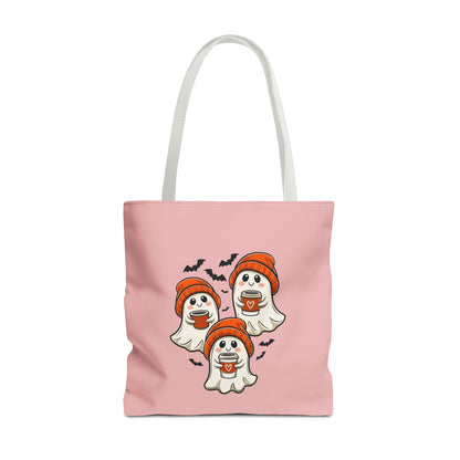 "Spooky Coffee Squad" Cute Ghosts With Beanies Polyester Tote Bag