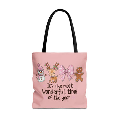 "It's The Most Wonderful Time Of The Year" Pink Holiday Icons Polyester Tote Bag