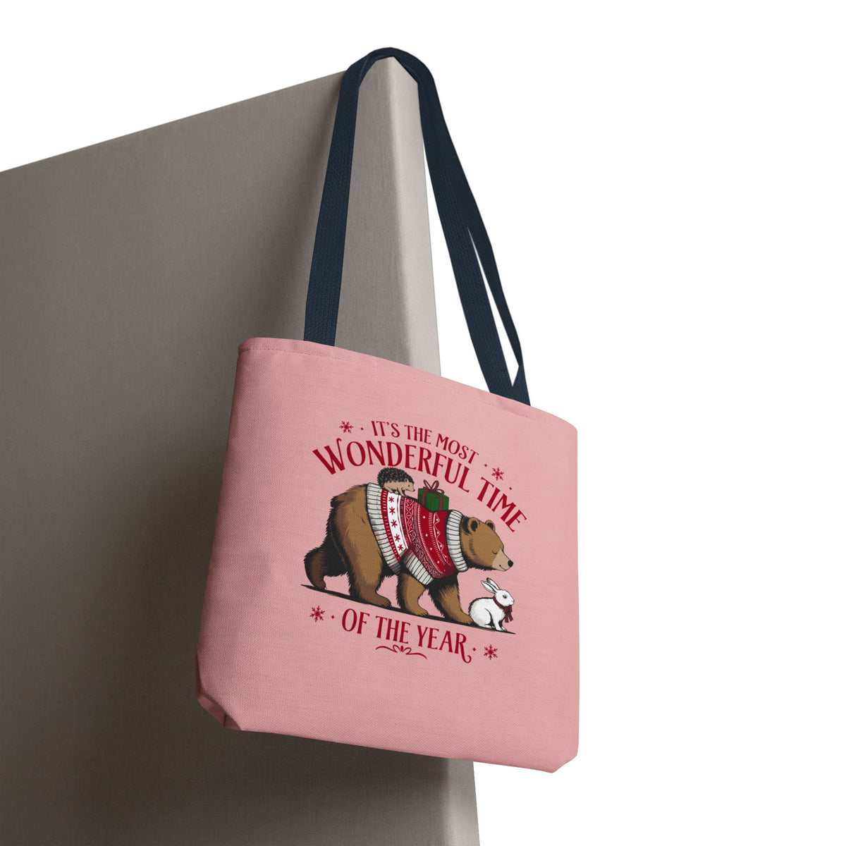 "It's The Most Wonderful Time Of The Year" Woodland Animals Holiday Sweater Polyester Tote Bag