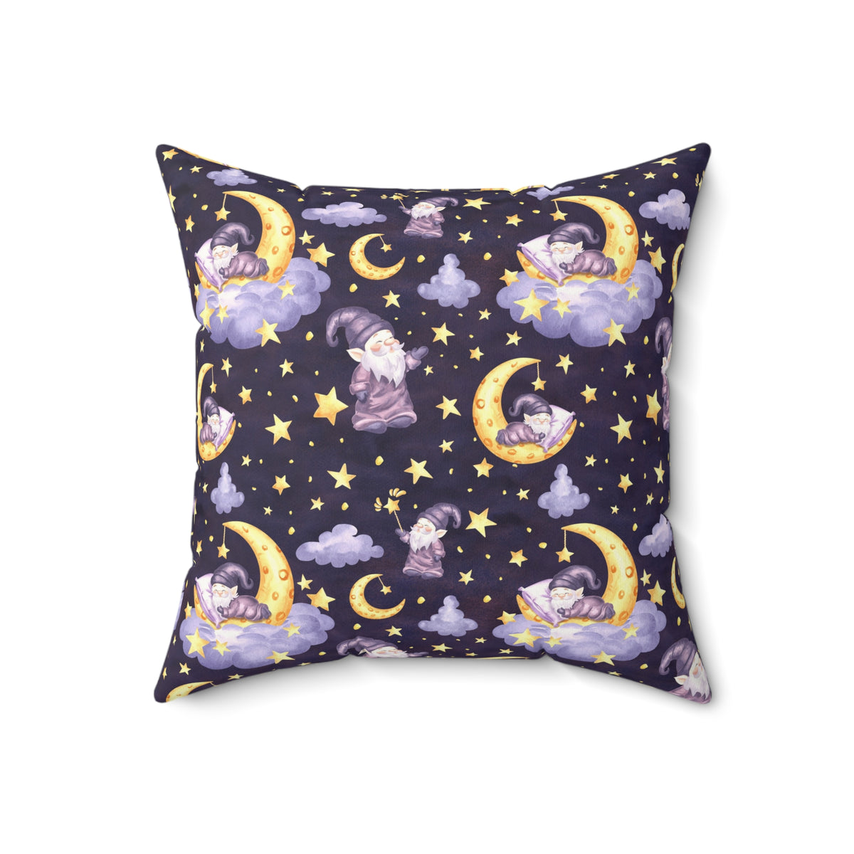 Sleepy Gnomes & Celestial Moon Faux Suede Square Pillow | Whimsical Nursery & Bedroom Accent Cushion