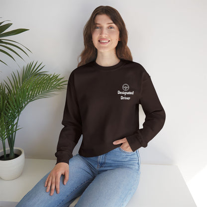 Personalized Designated Driver Embroidered Crewneck Sweatshirt — Custom Name & Date Sleeve Detail
