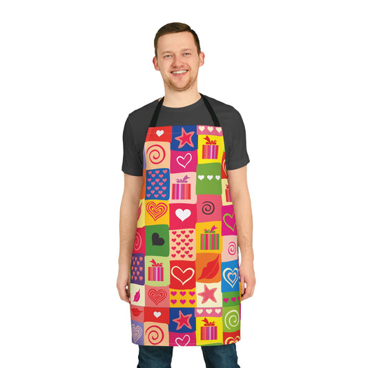 Festive Hearts & Kisses Birthday Patchwork All-Over Print Apron | Romantic Party Gift