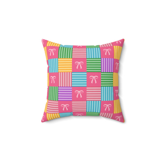 Sweet Bows & Pastels Patchwork Faux Suede Square Pillow | Coquette Aesthetic Accent Cushion