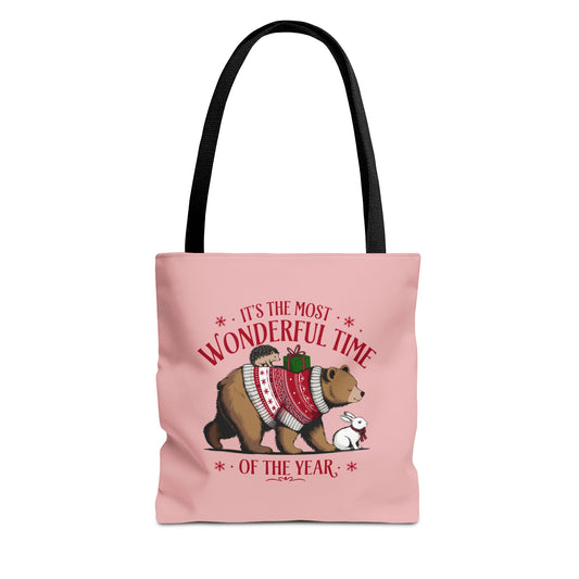 "It's The Most Wonderful Time Of The Year" Woodland Animals Holiday Sweater Polyester Tote Bag