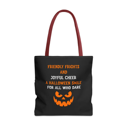 Halloween Jack-O'-Lantern Tote Bag — "Friendly Frights and Joyful Cheer" Trick-or-Treat Reusable Shopper