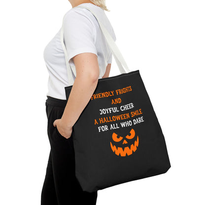Halloween Jack-O'-Lantern Tote Bag — "Friendly Frights and Joyful Cheer" Trick-or-Treat Reusable Shopper