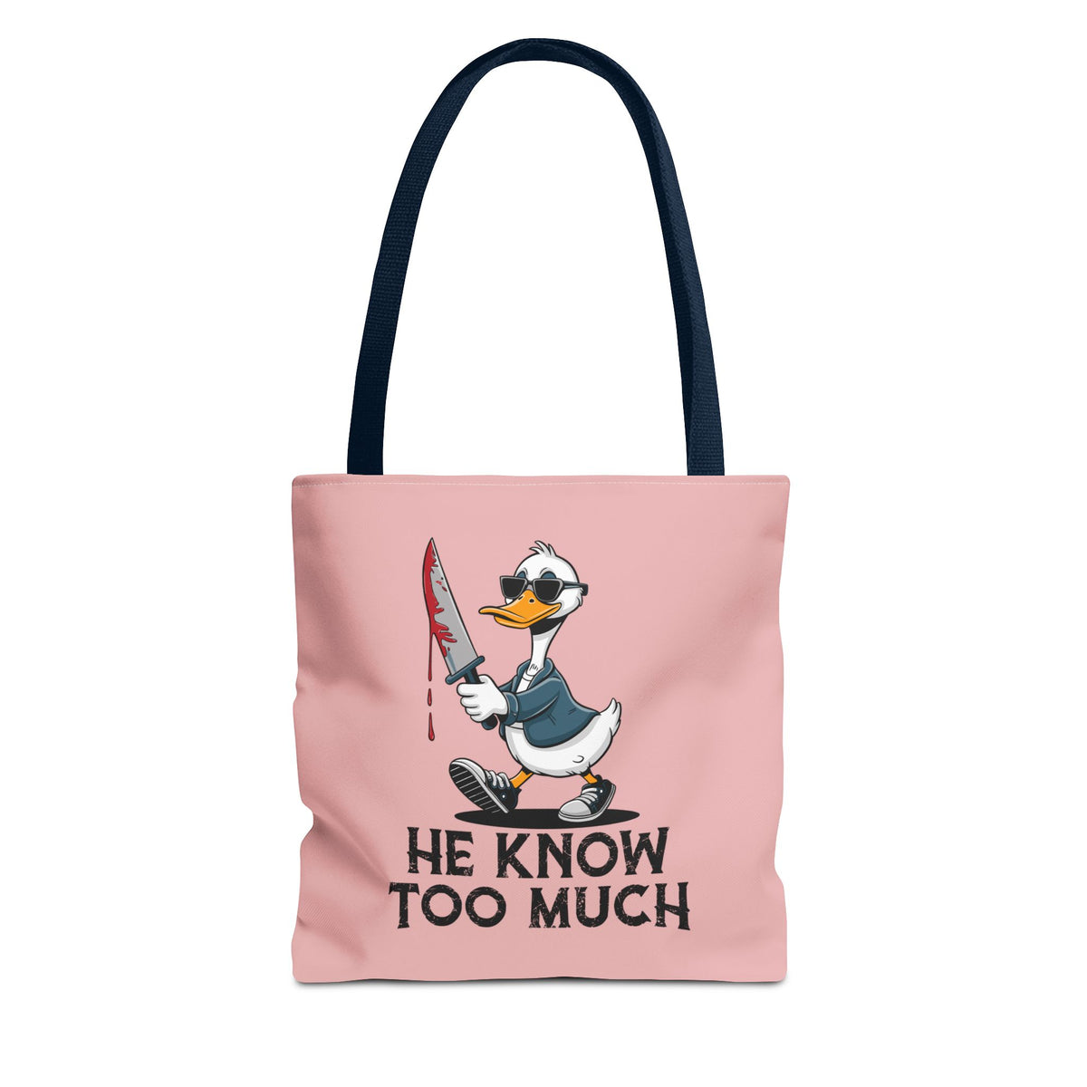 "He Know Too Much" Chaos Duck With Knife Funny Polyester Tote Bag