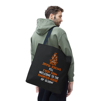 Halloween Haunted House Tote Bag — "Joyful Screams" Trick-or-Treat Reusable Shopper