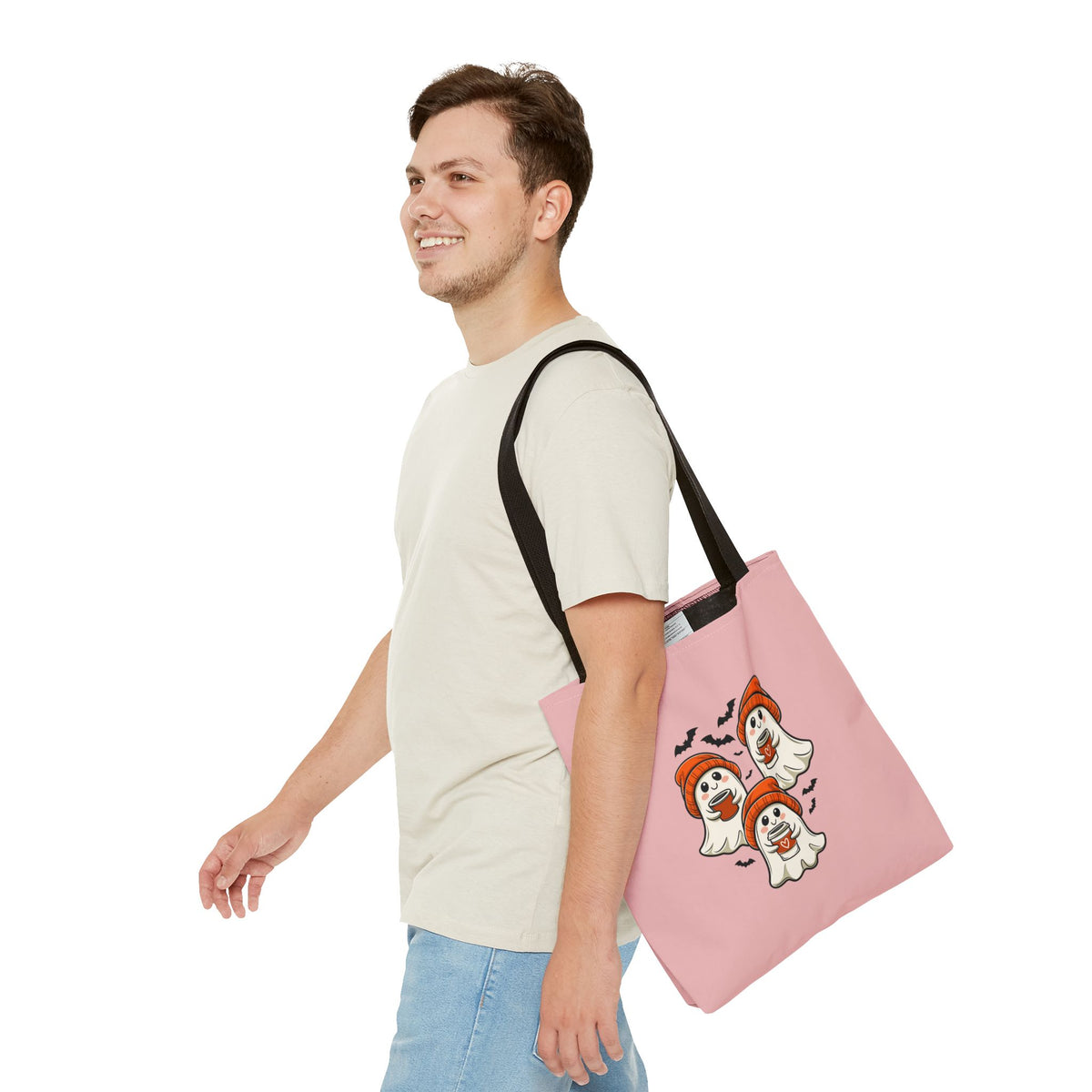 "Spooky Coffee Squad" Cute Ghosts With Beanies Polyester Tote Bag