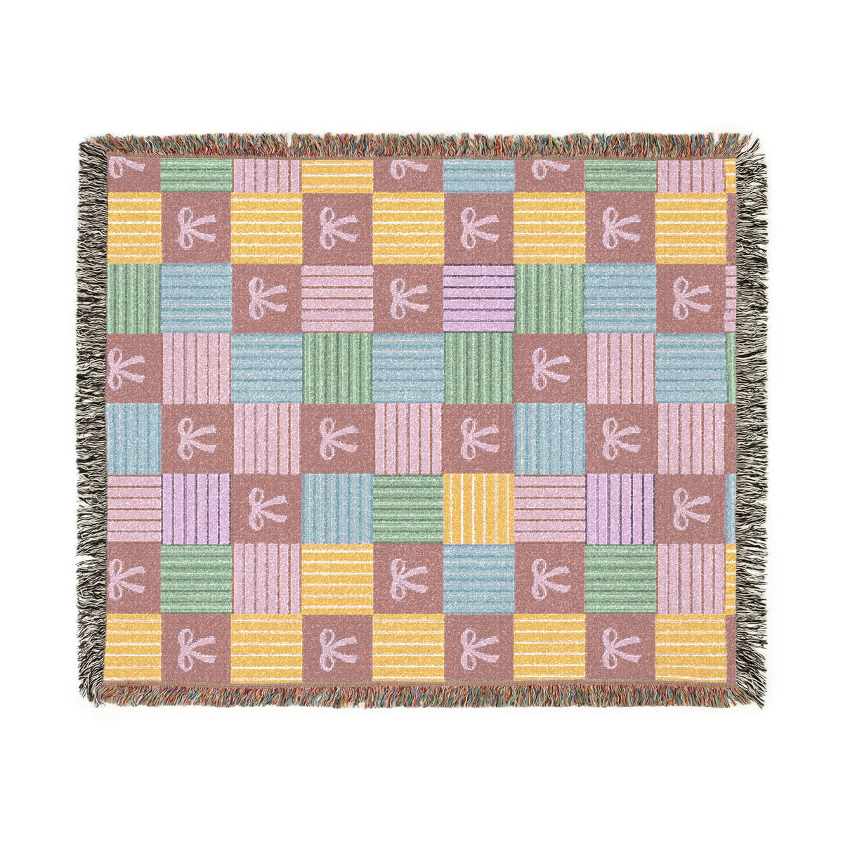 Cozy Patchwork & Pink Bows Woven Throw Blanket