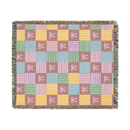 Cozy Patchwork & Pink Bows Woven Throw Blanket