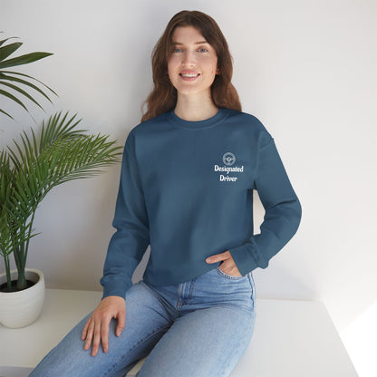 Personalized Designated Driver Embroidered Crewneck Sweatshirt — Custom Name & Date Sleeve Detail