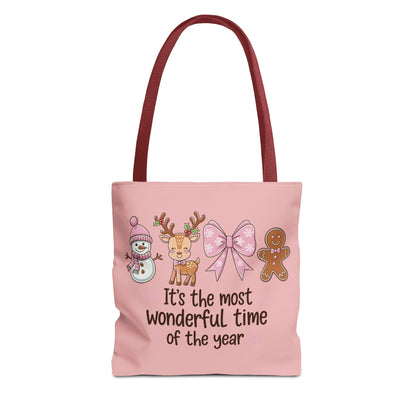 "It's The Most Wonderful Time Of The Year" Pink Holiday Icons Polyester Tote Bag