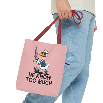 "He Know Too Much" Chaos Duck With Knife Funny Polyester Tote Bag