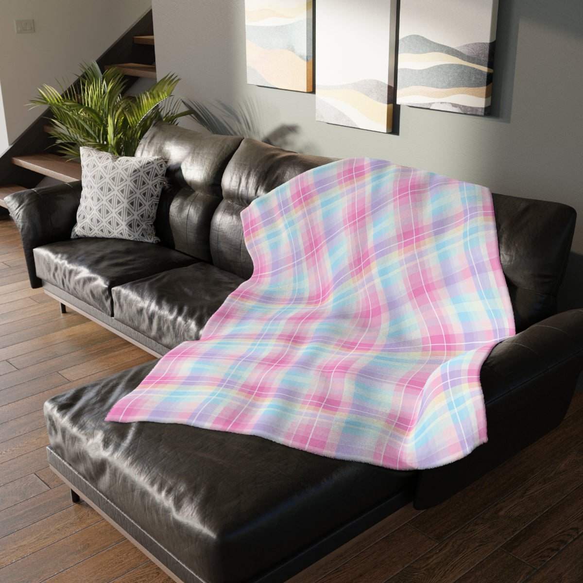 Pastel Plaid Checkered Velveteen Blanket | Soft Pink & Blue Microfiber Throw (Two-sided print)