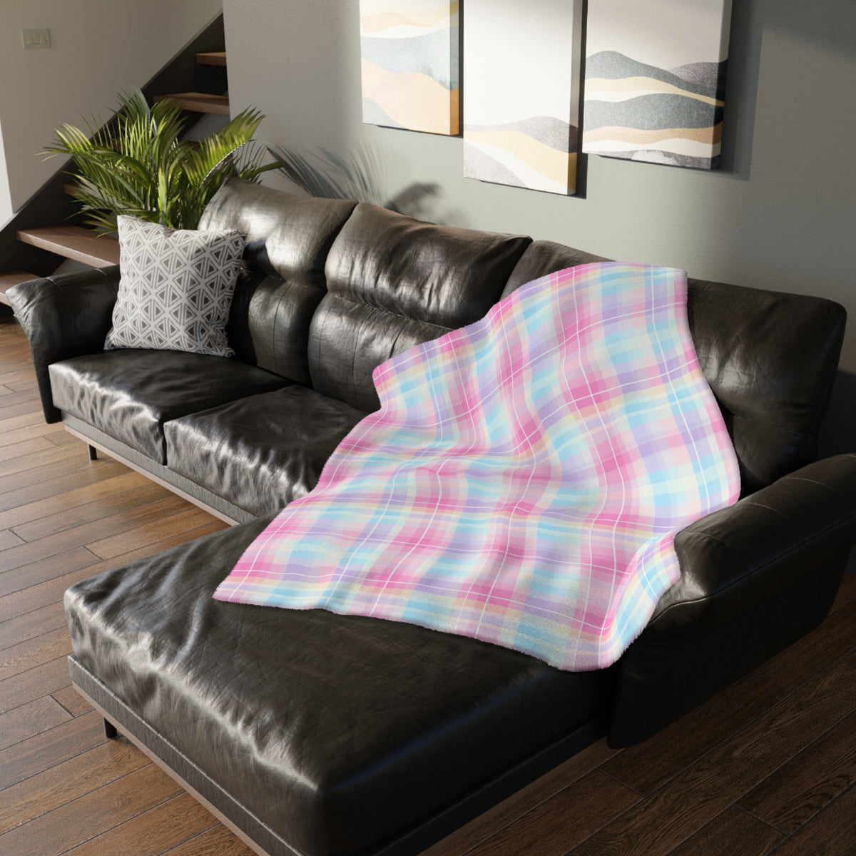 Pastel Plaid Checkered Velveteen Blanket | Soft Pink & Blue Microfiber Throw (Two-sided print)