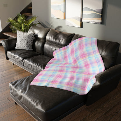 Pastel Plaid Checkered Velveteen Blanket | Soft Pink & Blue Microfiber Throw (Two-sided print)