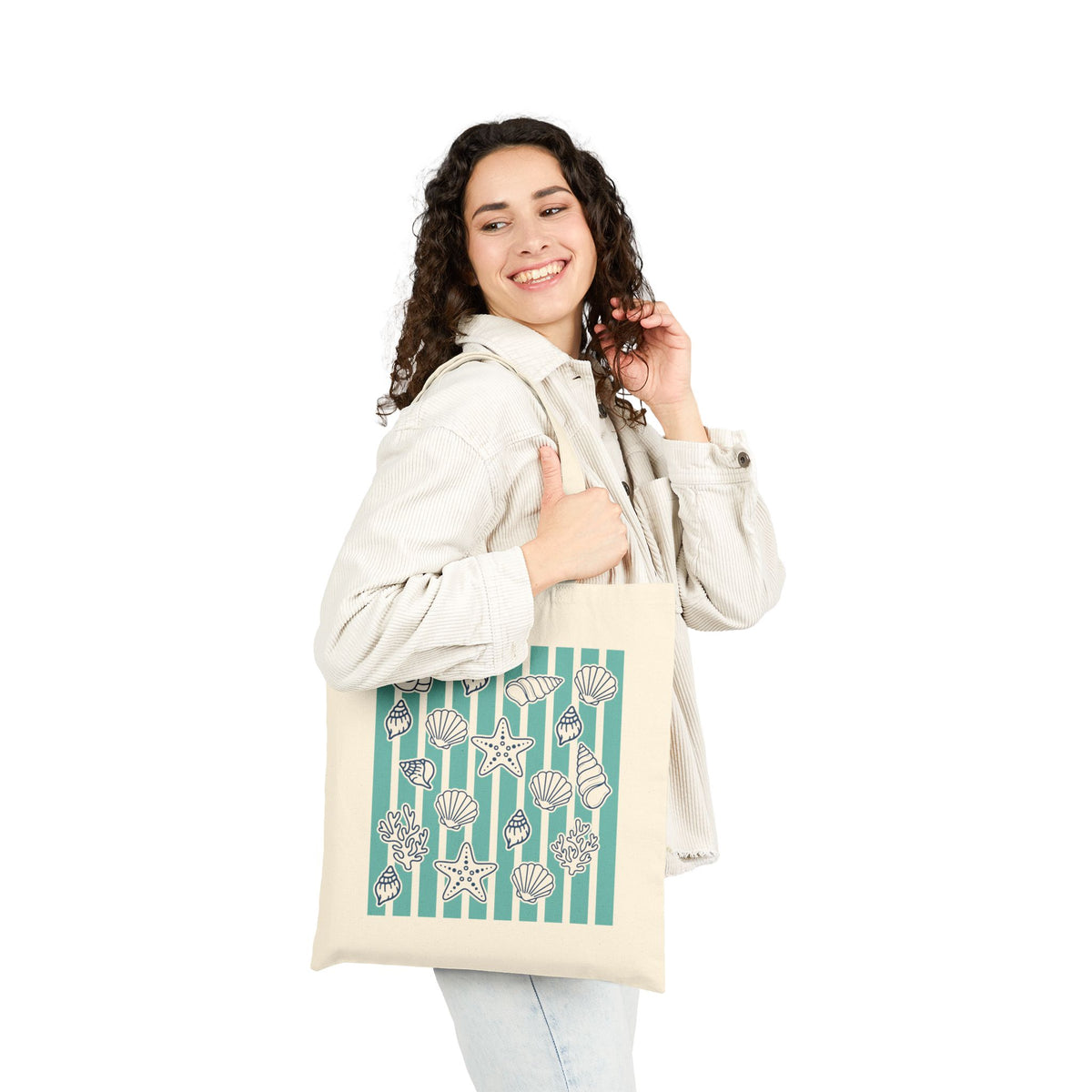 Coastal Seashells & Turquoise Stripes Cotton Canvas Tote Bag