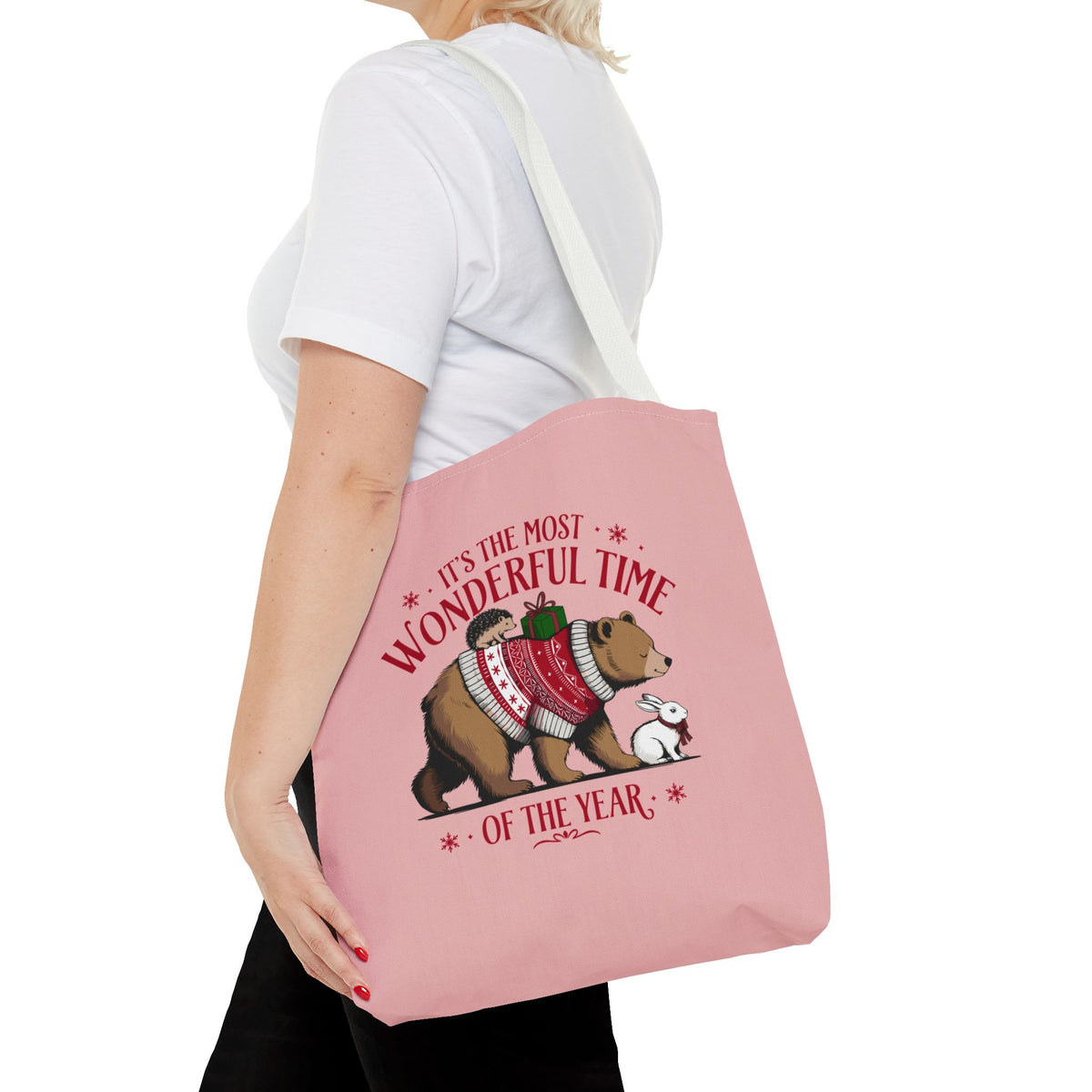 "It's The Most Wonderful Time Of The Year" Woodland Animals Holiday Sweater Polyester Tote Bag
