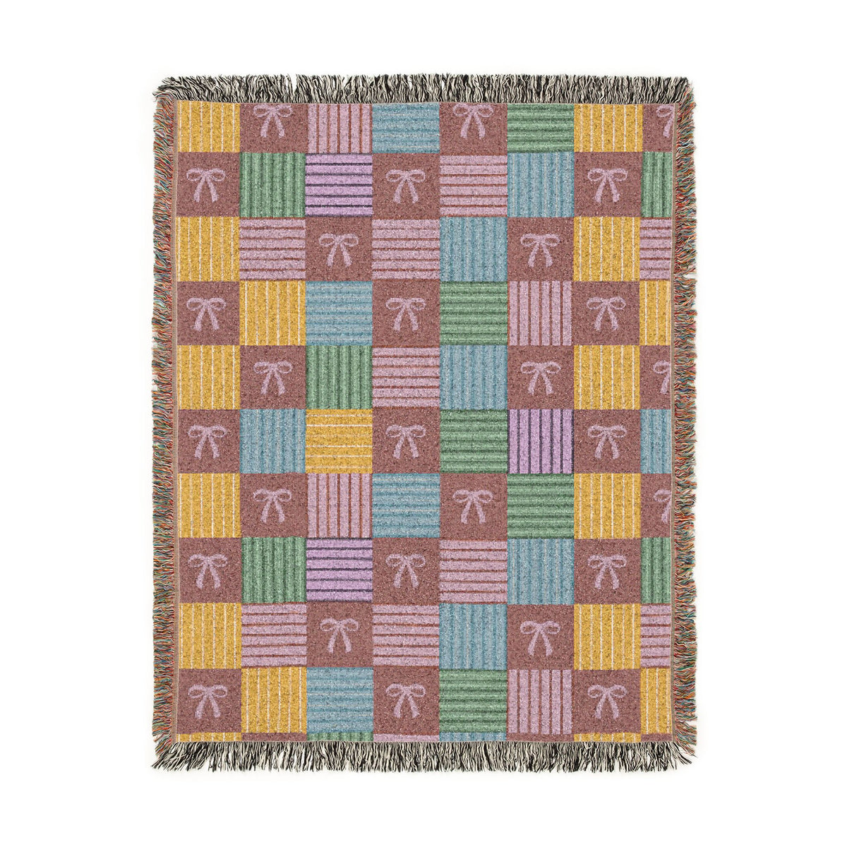 Cozy Patchwork & Pink Bows Woven Throw Blanket
