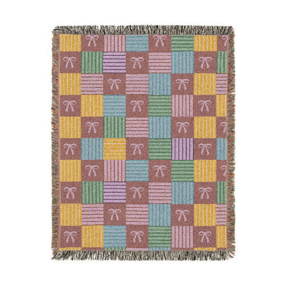 Cozy Patchwork & Pink Bows Woven Throw Blanket