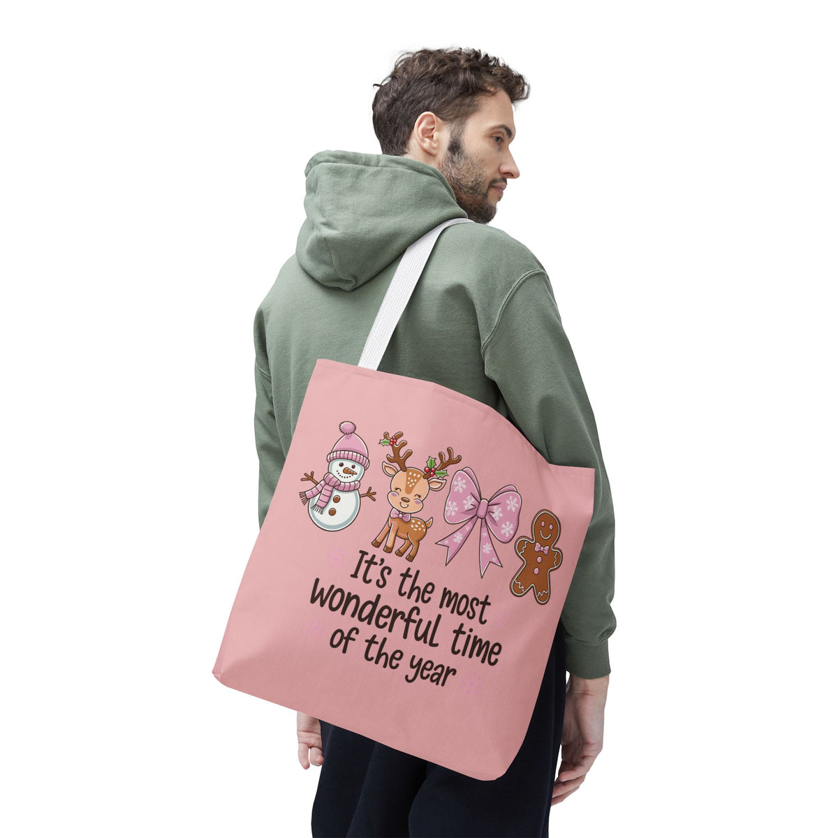 "It's The Most Wonderful Time Of The Year" Pink Holiday Icons Polyester Tote Bag