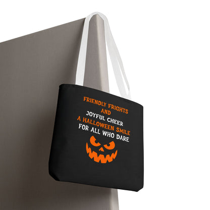 Halloween Jack-O'-Lantern Tote Bag — "Friendly Frights and Joyful Cheer" Trick-or-Treat Reusable Shopper