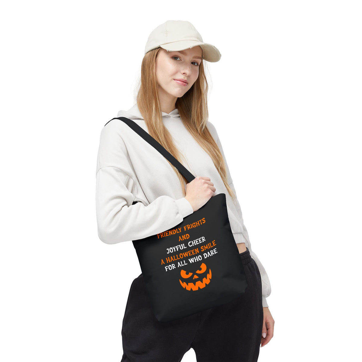 Halloween Jack-O'-Lantern Tote Bag — "Friendly Frights and Joyful Cheer" Trick-or-Treat Reusable Shopper