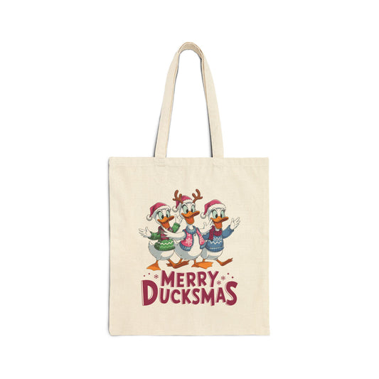 "Merry Ducksmtb" Festive Holiday Trio Ducks Cotton Canvas Tote Bag