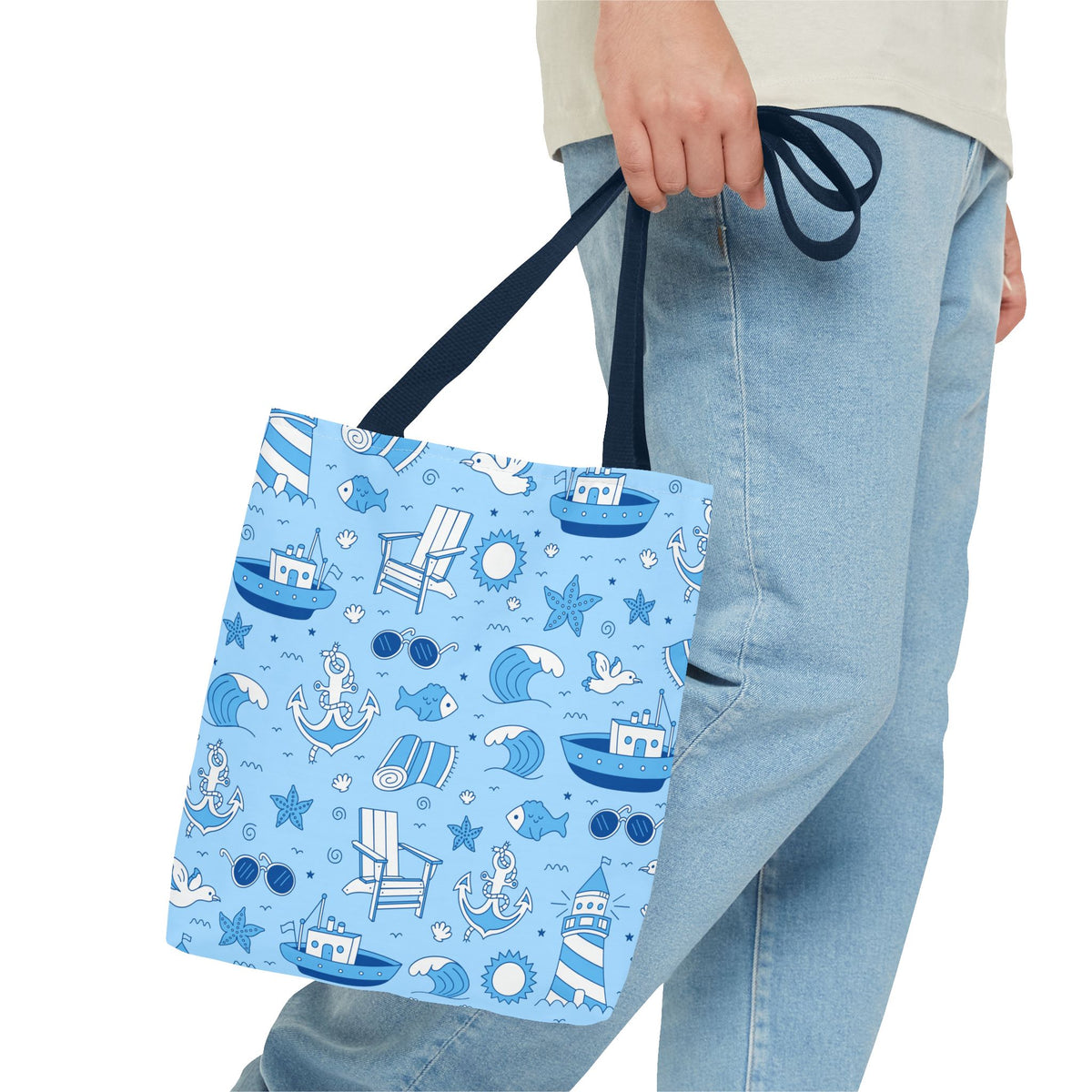 Nautical Coastal Pattern Tote Bag | Blue & White Beach Day Shopper