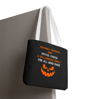 Halloween Jack-O'-Lantern Tote Bag — "Friendly Frights and Joyful Cheer" Trick-or-Treat Reusable Shopper