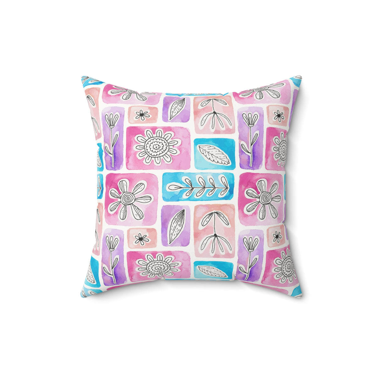 Watercolor Botanical Blocks Faux Suede Square Pillow | Minimalist Floral Accent Cushion