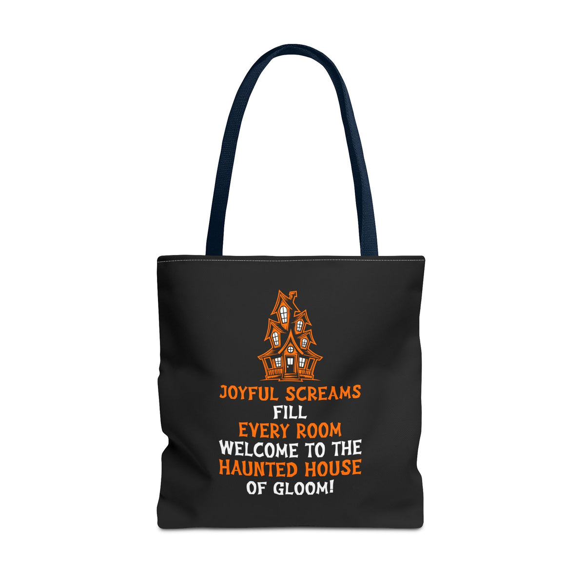 Halloween Haunted House Tote Bag — "Joyful Screams" Trick-or-Treat Reusable Shopper