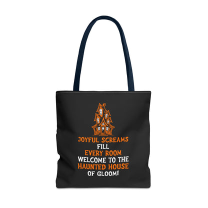Halloween Haunted House Tote Bag — "Joyful Screams" Trick-or-Treat Reusable Shopper