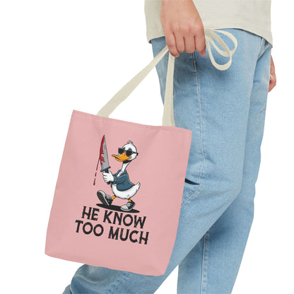 "He Know Too Much" Chaos Duck With Knife Funny Polyester Tote Bag