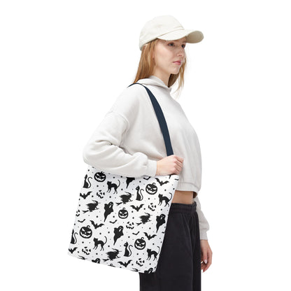 Spooky Halloween Seamless Pattern Tote Bag | Monochromatic Black & White Shopper