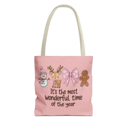 "It's The Most Wonderful Time Of The Year" Pink Holiday Icons Polyester Tote Bag