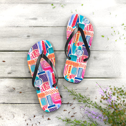 Geometric Abstract Doodle Art Flip Flops — Playful Modern Pattern Summer Sandals