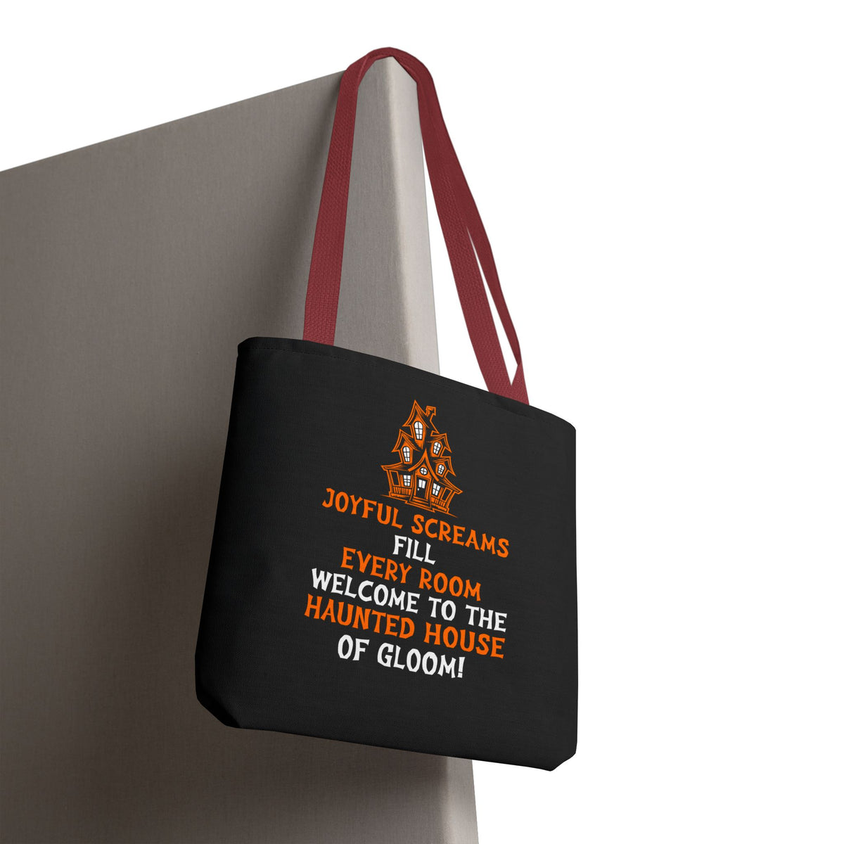 Halloween Haunted House Tote Bag — "Joyful Screams" Trick-or-Treat Reusable Shopper