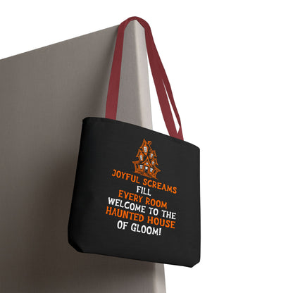 Halloween Haunted House Tote Bag — "Joyful Screams" Trick-or-Treat Reusable Shopper