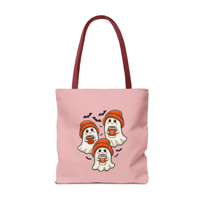 "Spooky Coffee Squad" Cute Ghosts With Beanies Polyester Tote Bag