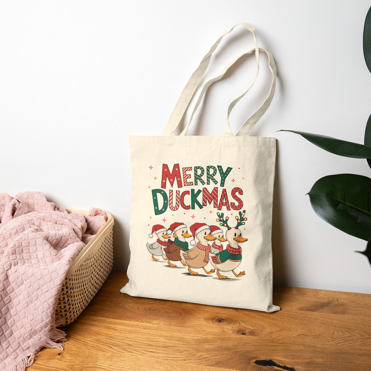"Merry Duckmas" Festive Waddling Holiday Ducks Cotton Canvas Tote Bag