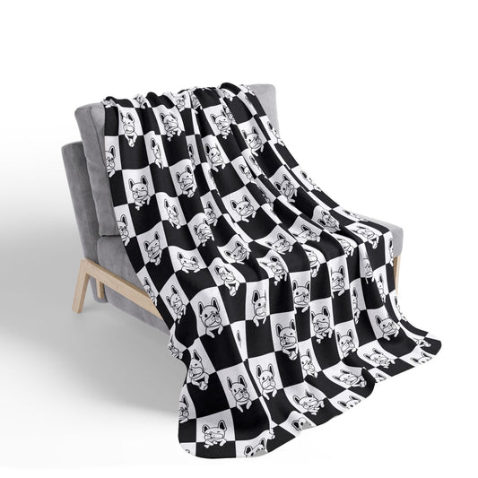 Playful French Bulldog Checkered Fleece Sherpa Blanket