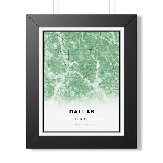 Dallas City Map Framed Poster — Green Vintage Urban Map Print