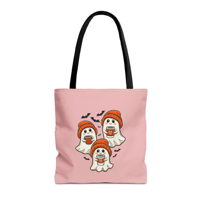 "Spooky Coffee Squad" Cute Ghosts With Beanies Polyester Tote Bag