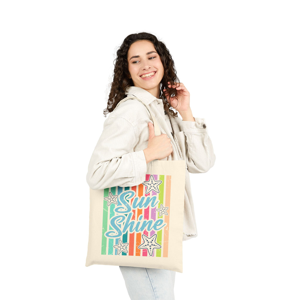 Sun Shine Retro Starfish & Rainbow Stripes Cotton Canvas Tote Bag